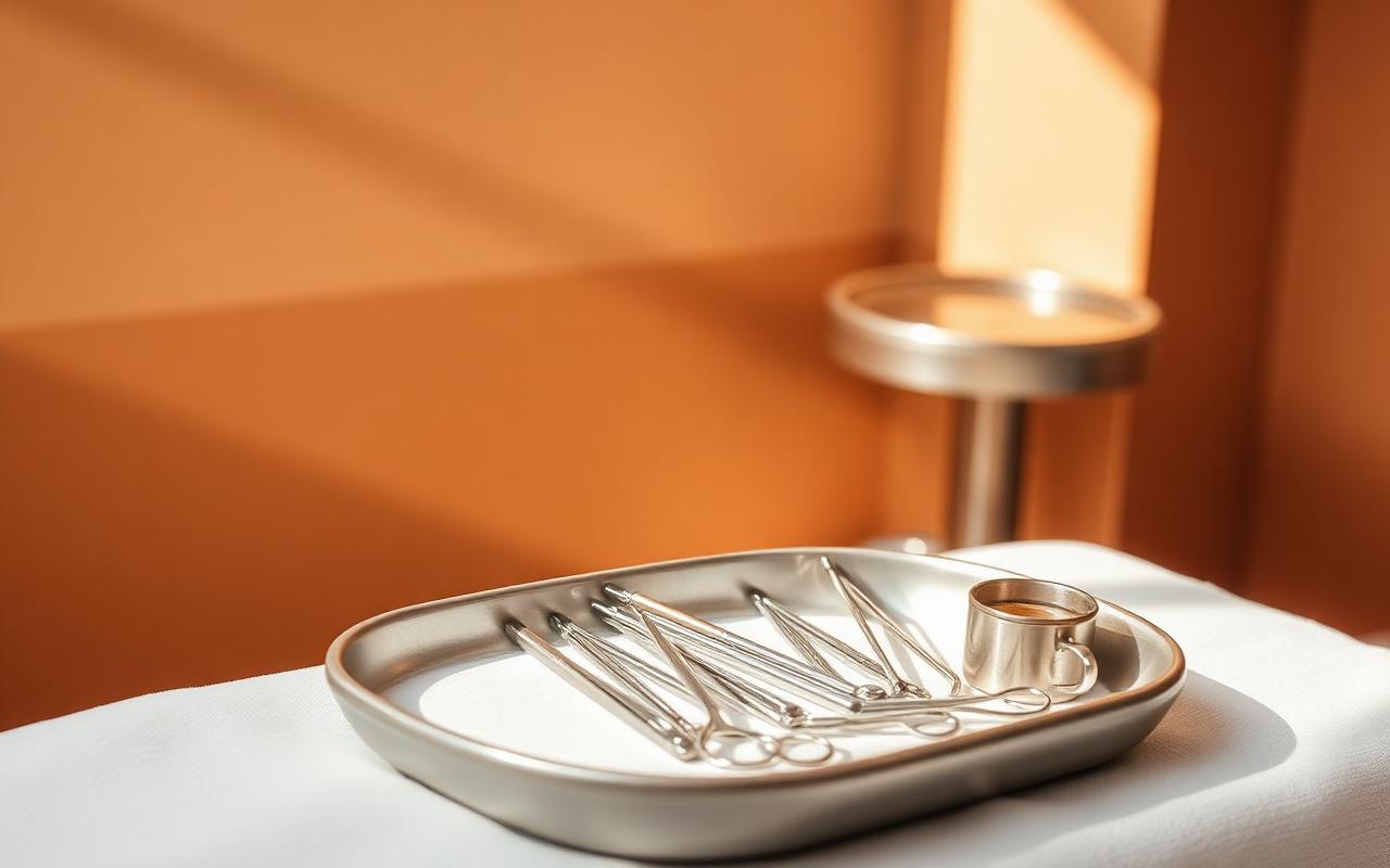 Sterilised clinical instruments on a tray at Vue Aesthetics + Skin