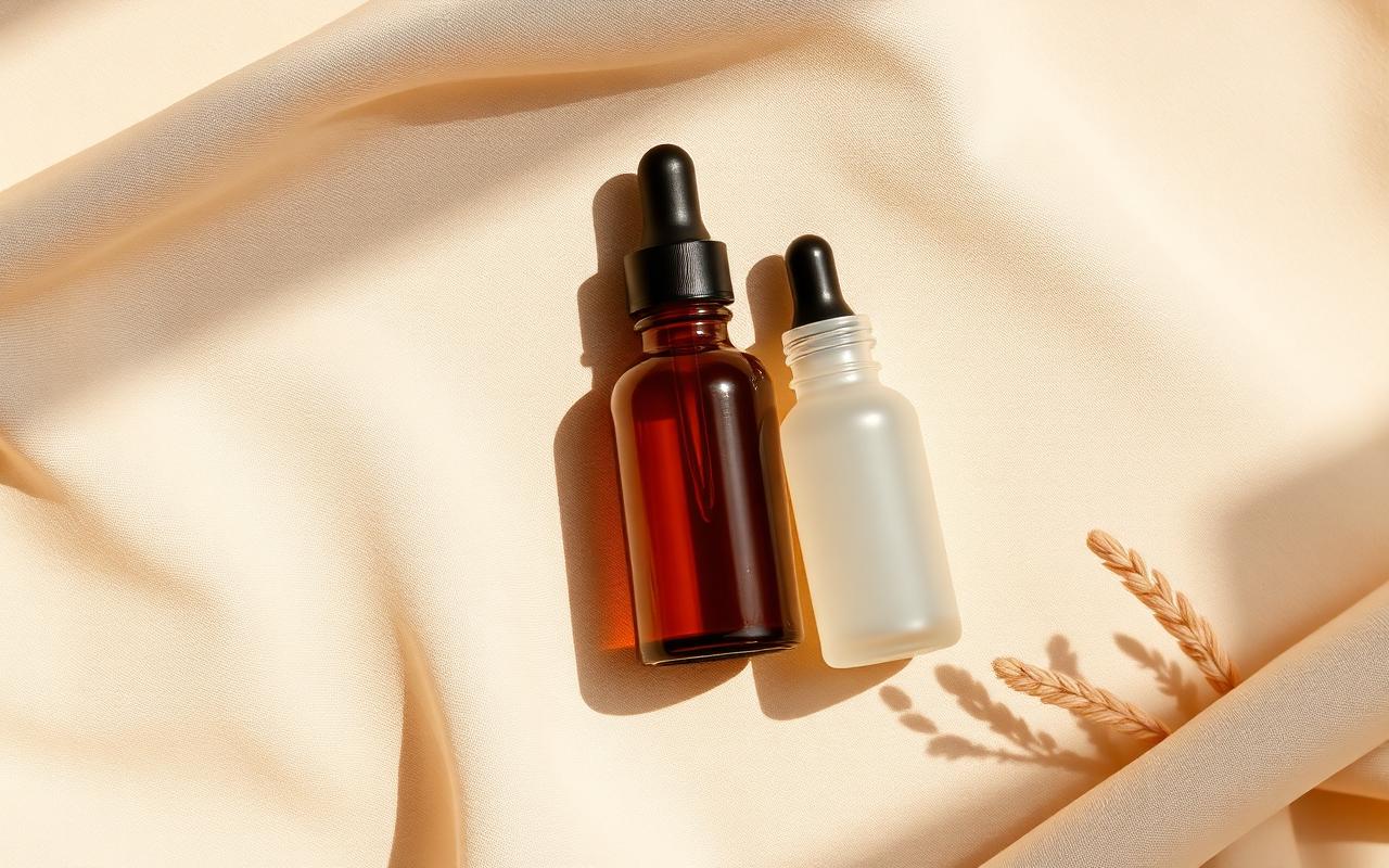 Cosmeceutical skincare bottles styled on linen at Vue Aesthetics + Skin